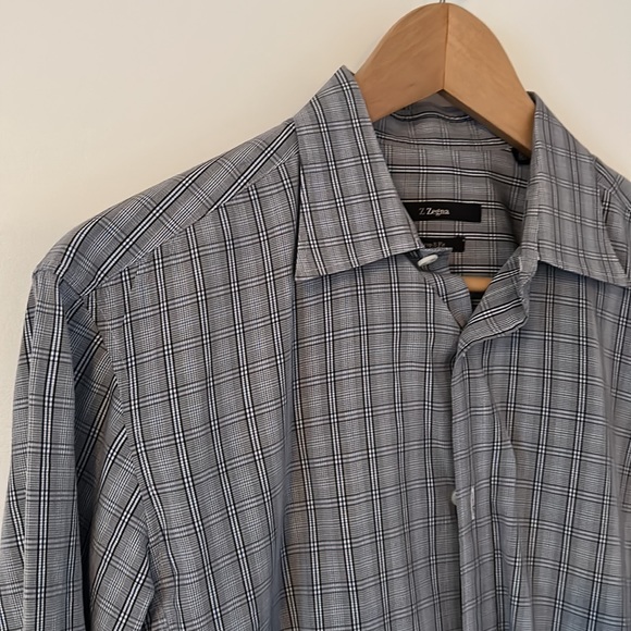 Z Zegna dress shirt in grey plaid print. - Picture 2 of 5